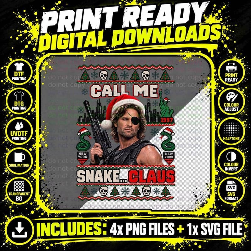 Plissken Call Me Snake Claus Christmas Ugly Sweater 80s Sci Fi Action T-Shirt Png SVG Digital Bundle