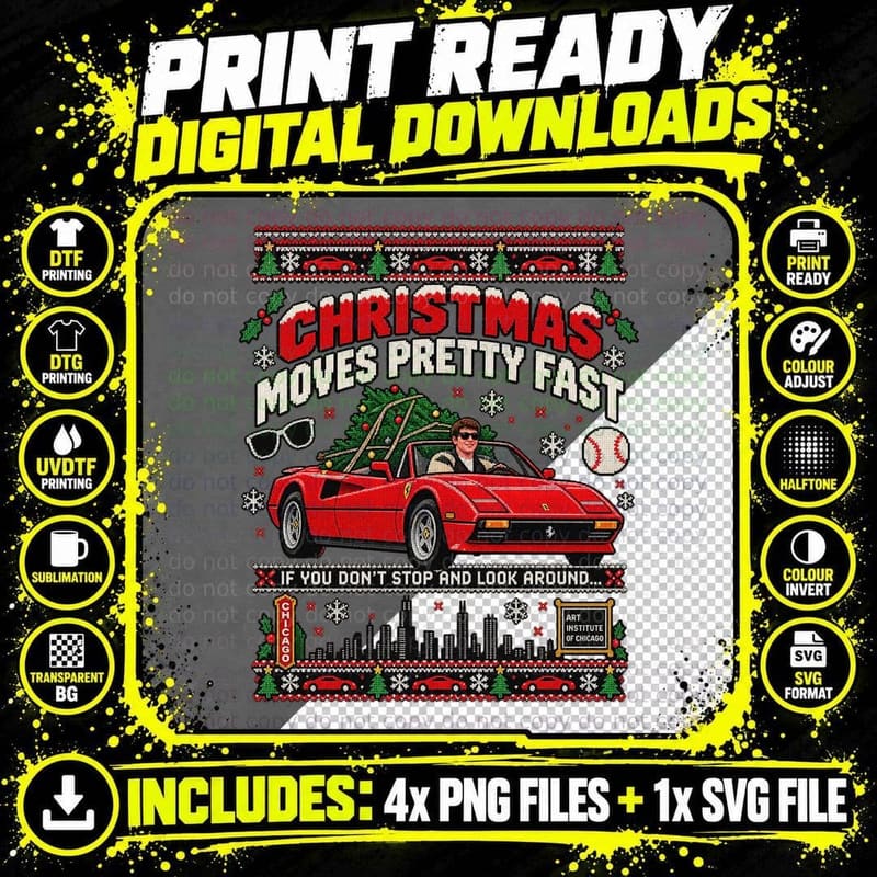 Ferris Christmas Moves Pretty Fast Ugly Sweater 80s Teen Movie Red Car T-Shirt Png SVG Digital Bundle