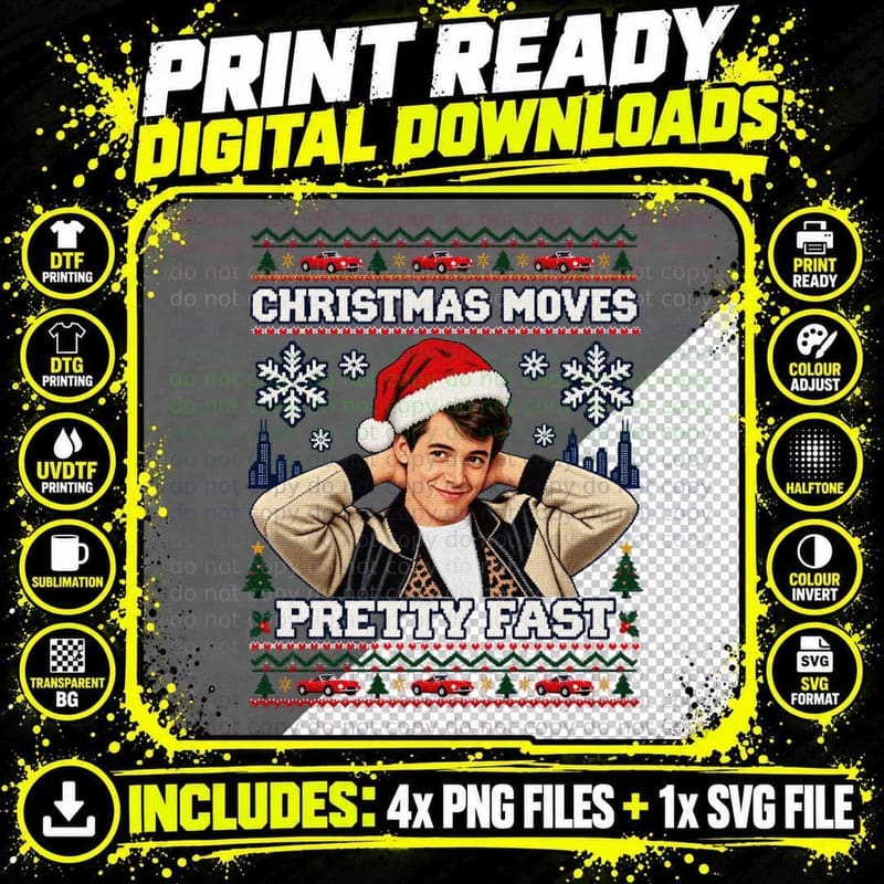 Ferris Bueller's Day Off Ugly Sweater Christmas Moves Png SVG Digital Bundle