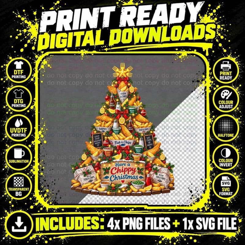 Fish and Chips Christmas Funny British Chippy Have a Png SVG Digital Bundle