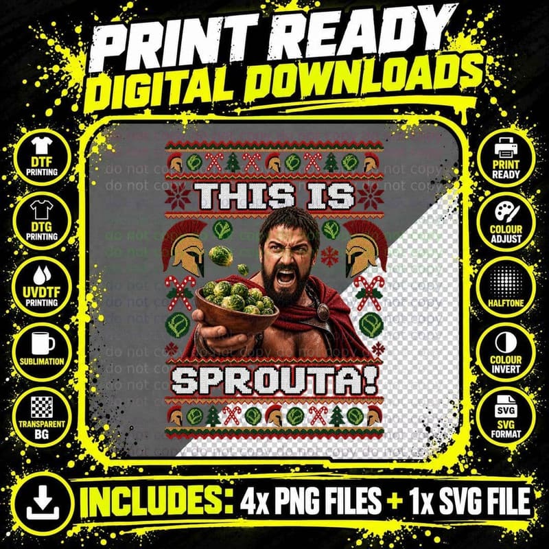 Leonidas This Is Sprouta Christmas Ugly Sweater Spartan King Sprouts T-Shirt Png SVG Digital Bundle