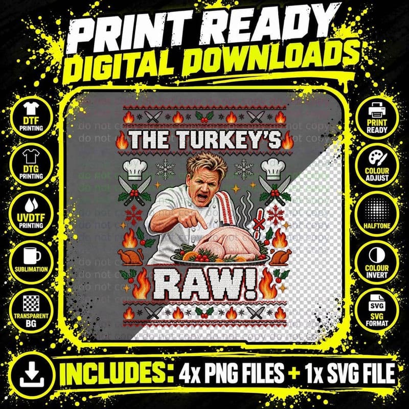 Gordon Ramsay Ugly Sweater The Turkey's Raw Christmas Png SVG Digital Bundle