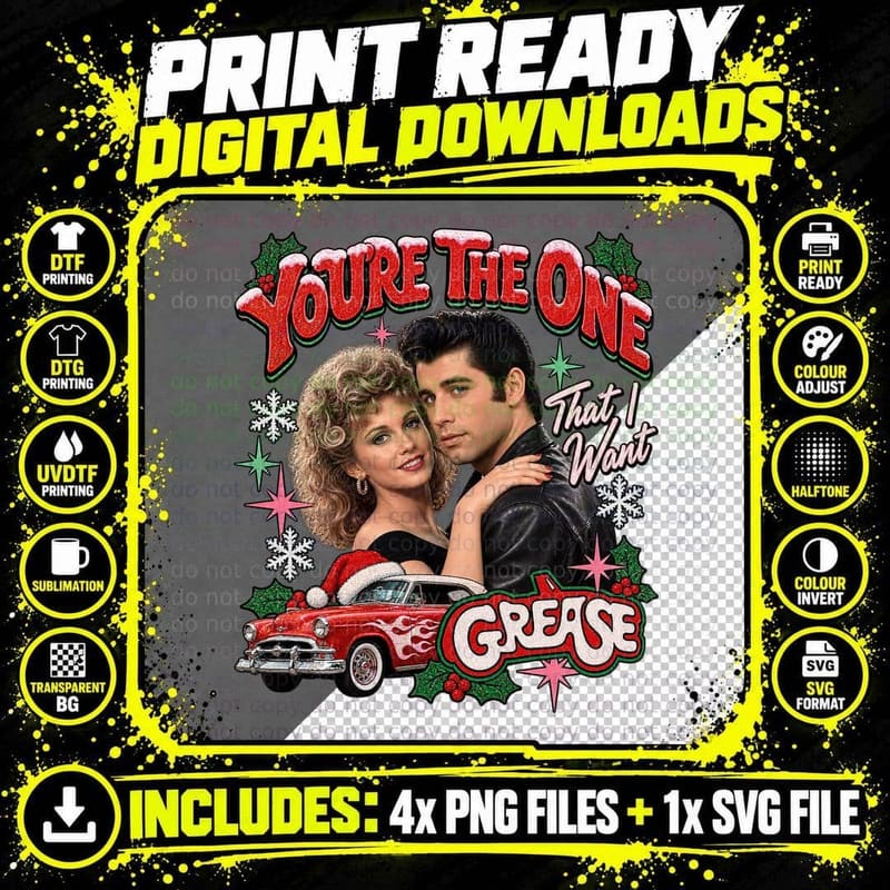 Danny and Sandy You're The One That I Want Christmas 50s Musical Movie T-Shirt Png SVG Digital Bundle