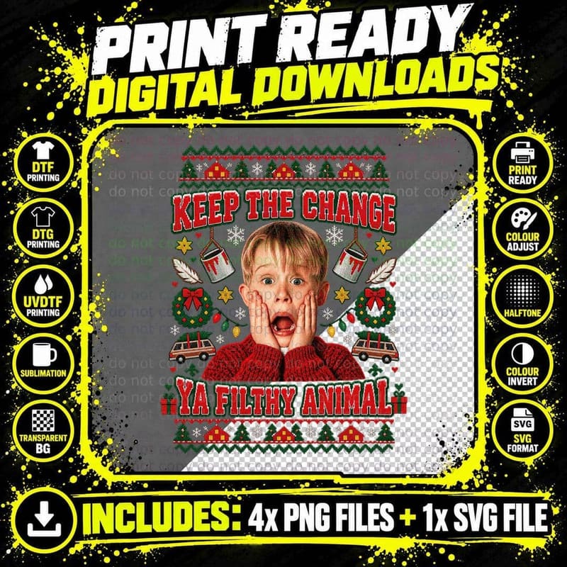 Kevin Keep The Change Ya Filthy Animal Christmas Ugly Sweater 90s Comedy T-Shirt Png SVG Digital Bundle