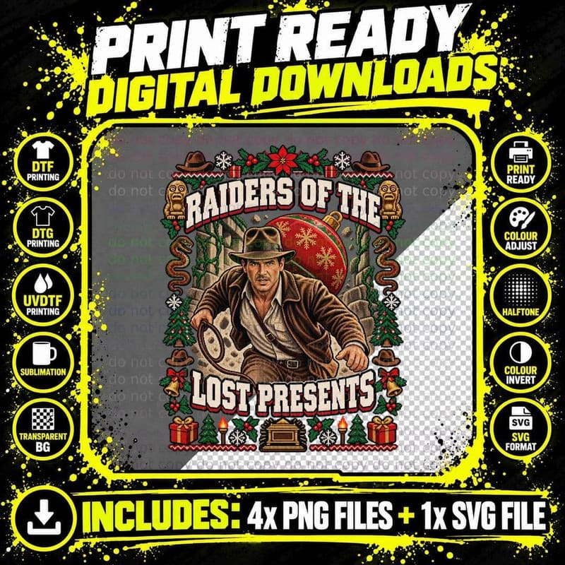 Indiana Jones Christmas Ugly Sweater Raiders of the Lost Png SVG Digital Bundle