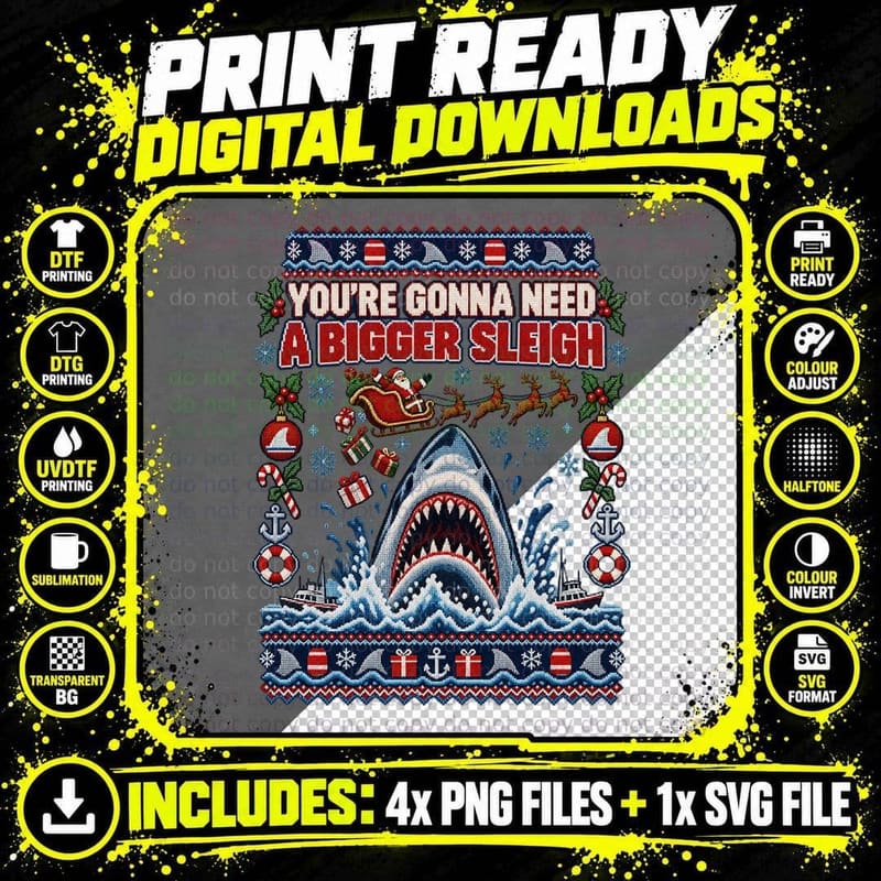 Jaws Ugly Sweater Christmas Movie Shark Sleigh Retro Png SVG Digital Bundle