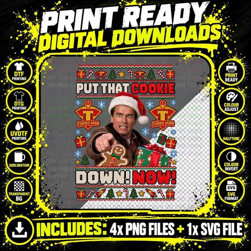 Arnold Put That Cookie Down Now Christmas Ugly Sweater 90s Toy Movie T-Shirt Png SVG Digital Bundle