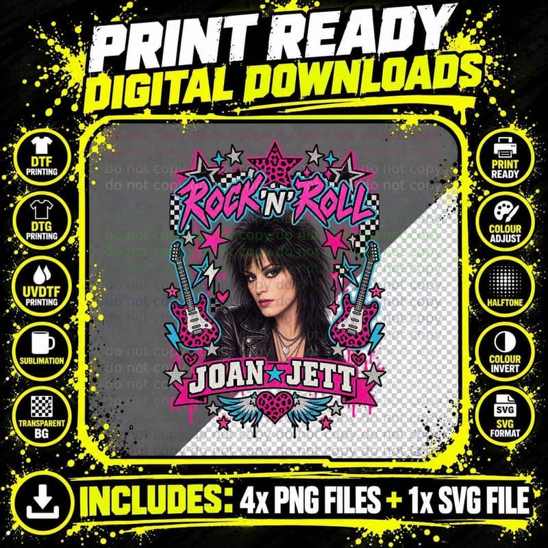 80s Punk Singer Joan Rock N Roll Pink Leopard Guitars Leather Jacket T-Shirt Png SVG Digital Bundle