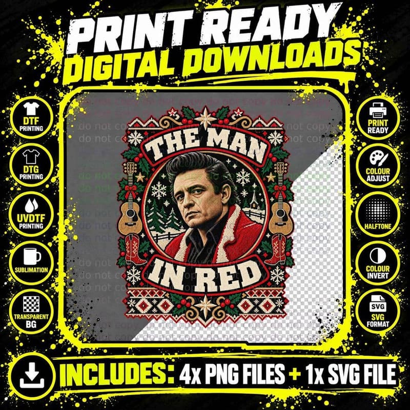 Johnny Cash Christmas Man in Red Country Music Ugly Png SVG Digital Bundle