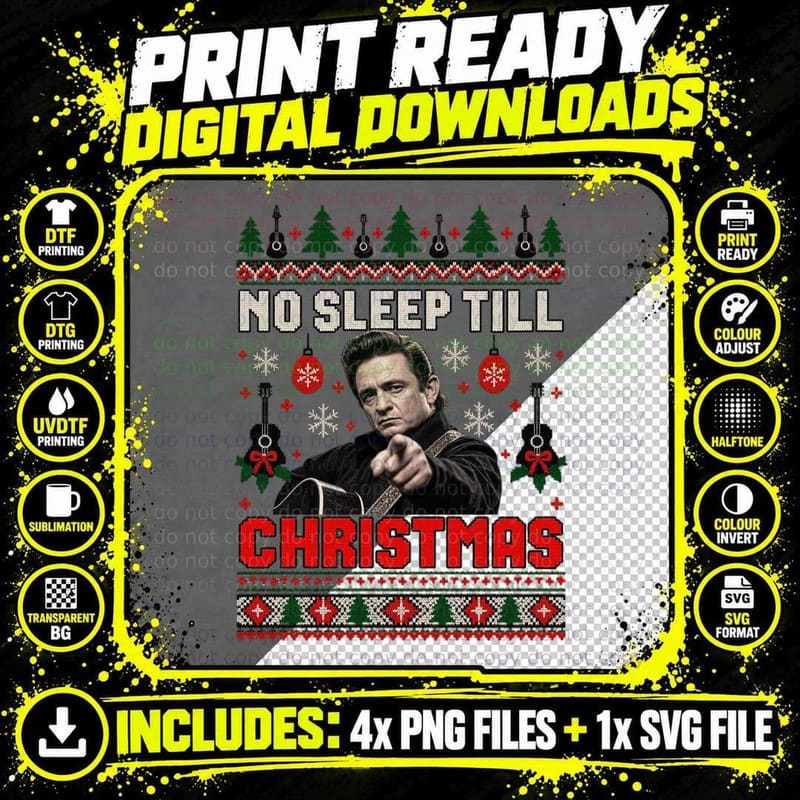 Johnny Cash Christmas Ugly Sweater Country Music Holiday Png SVG Digital Bundle