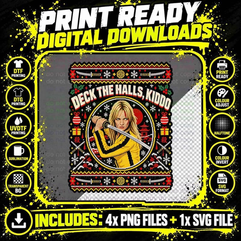 Bride Deck The Halls Kiddo Christmas Ugly Sweater Katana Revenge Movie T-Shirt Png SVG Digital Bundle