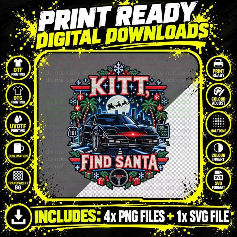 KITT Find Santa Christmas Ugly Sweater 80s Talking Car TV Show Sci Fi T-Shirt Png SVG Digital Bundle
