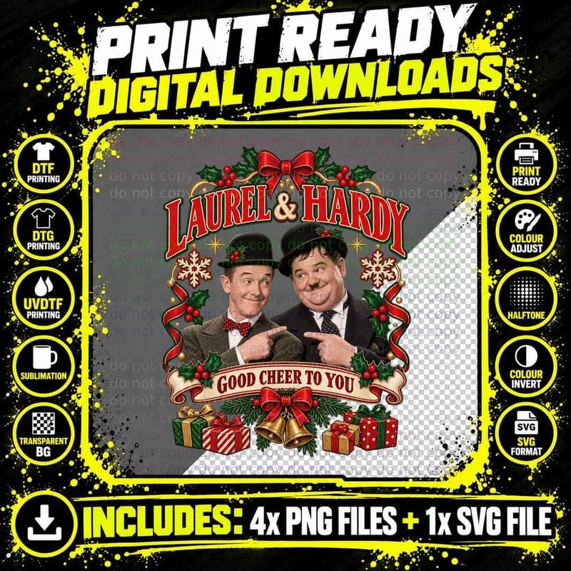 Laurel and Hardy Ugly Sweater Christmas Wrapping Paper Png SVG Digital Bundle