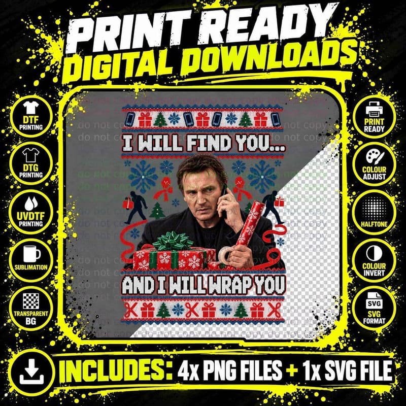 Liam I Will Find You And I Will Wrap You Christmas Ugly Sweater Action T-Shirt Png SVG Digital Bundle