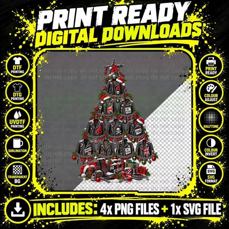 Christmas Tree Made Of Punk Leather Jackets No Future Anarchy 70s T-Shirt Png SVG Digital Bundle