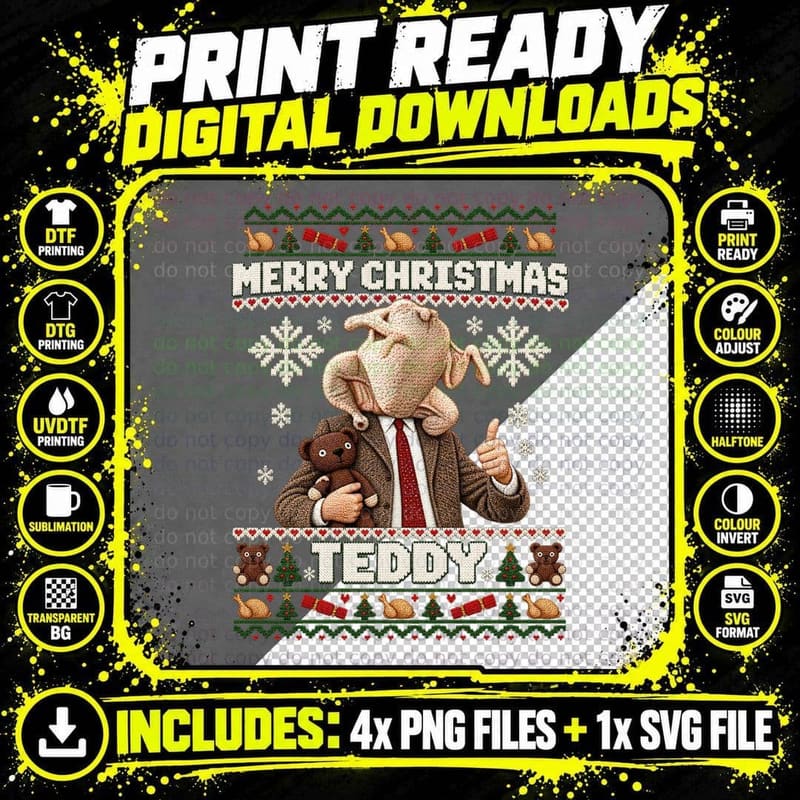 Turkey Head Merry Christmas Teddy Ugly Sweater Retro British Comedy TV T-Shirt Png SVG Digital Bundle