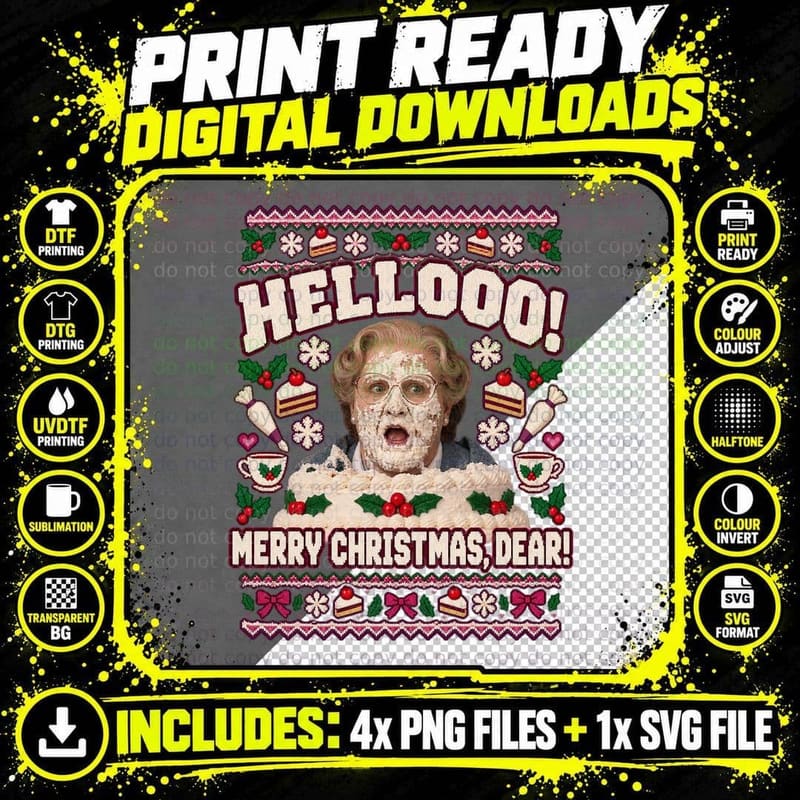 Robin Hellooo Merry Christmas Dear Ugly Sweater Nanny 90s Comedy Movie T-Shirt Png SVG Digital Bundle