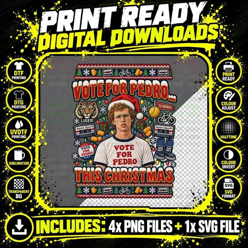 Napoleon Dynamite Ugly Sweater Christmas Vote for Pedro Png SVG Digital Bundle