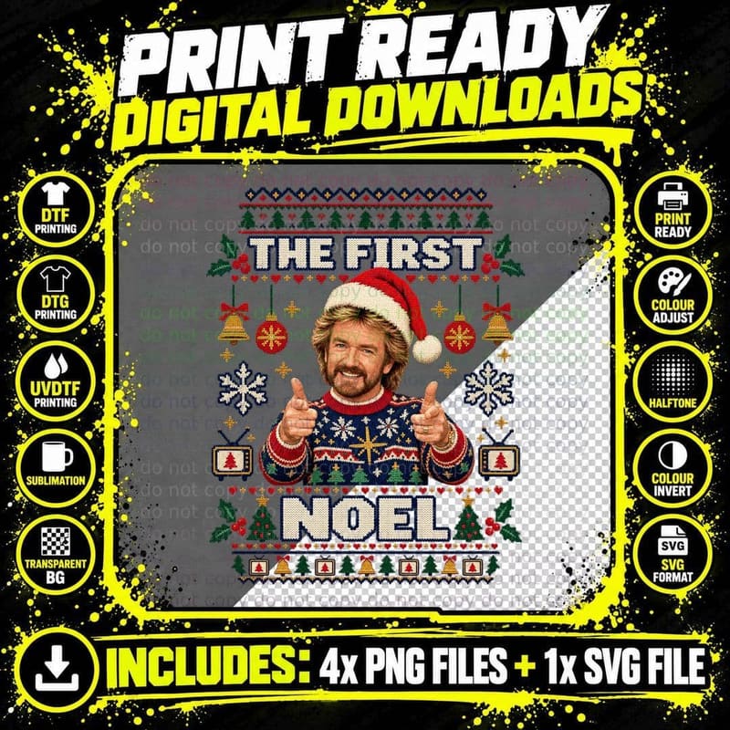 The First Noel Christmas Ugly Sweater Retro 90s British TV Presenter T-Shirt Png SVG Digital Bundle