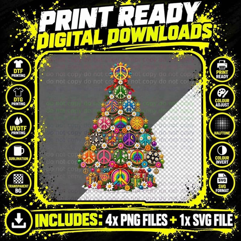 Peace Sign Christmas Retro 70s Hippie Flower Power Png SVG Digital Bundle