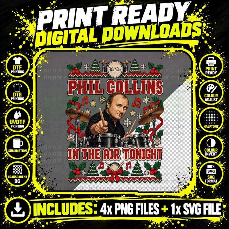 Phil Collins Christmas Ugly Sweater Sleigh All Day Retro Png SVG Digital Bundle