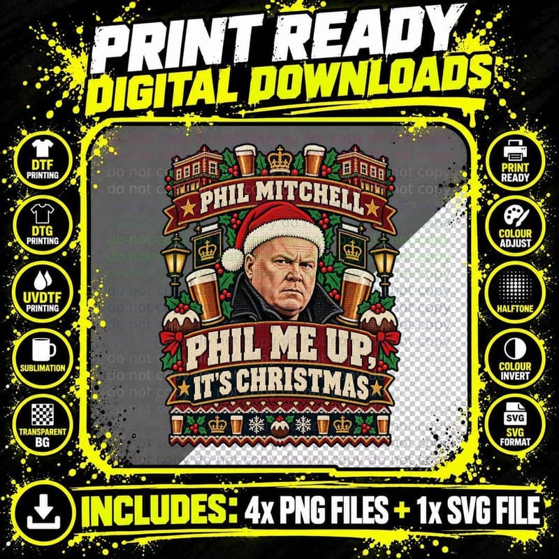 Phil Me Up It's Christmas Ugly Sweater Albert Square Hard Man Soap Pub T-Shirt Png SVG Digital Bundle