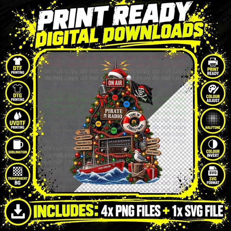 Pirate Radio Christmas Retro Music DJ Vinyl Record Png SVG Digital Bundle