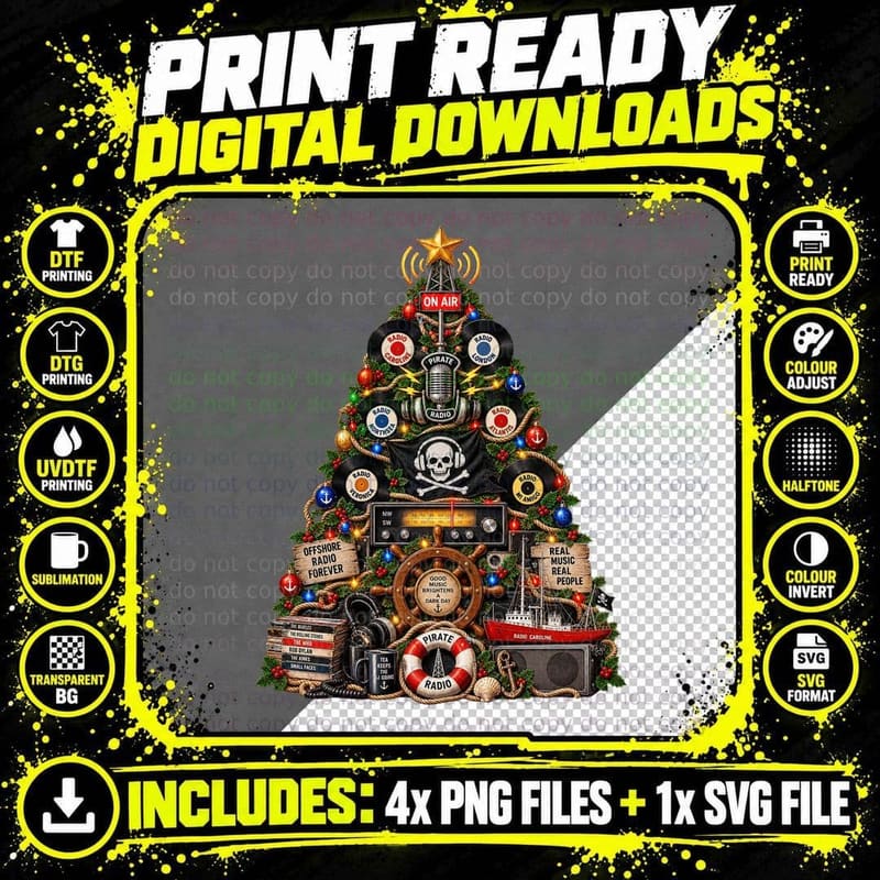 Pirate Radio Christmas Tree Retro Radio Christmas Music Png SVG Digital Bundle