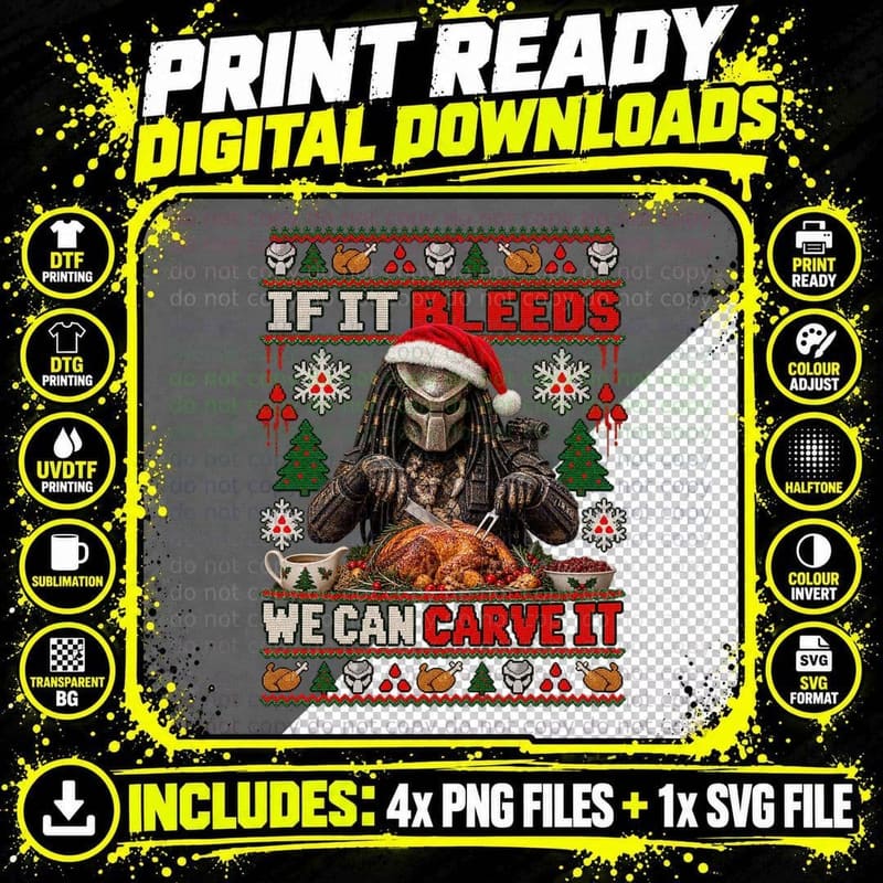 If It Bleeds We Can Carve It Christmas Ugly Sweater Alien Hunter Movie T-Shirt Png SVG Digital Bundle
