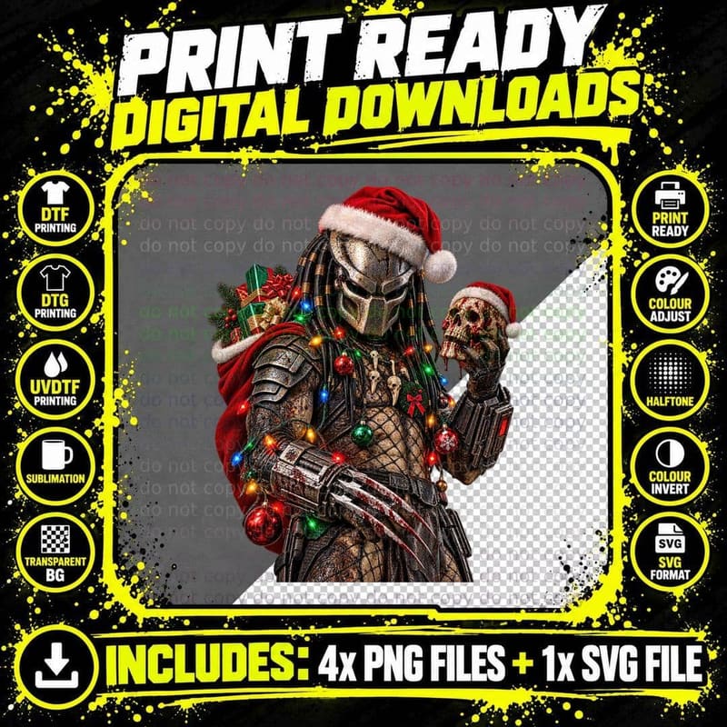 Alien Hunter Santa Hat Christmas Lights Skull 80s Sci Fi Action Movie T-Shirt Png SVG Digital Bundle