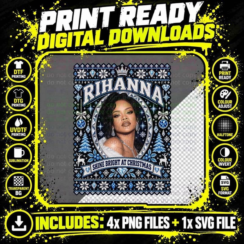 Rihanna Christmas Ugly Sweater Shine Bright Pop Music Png SVG Digital Bundle