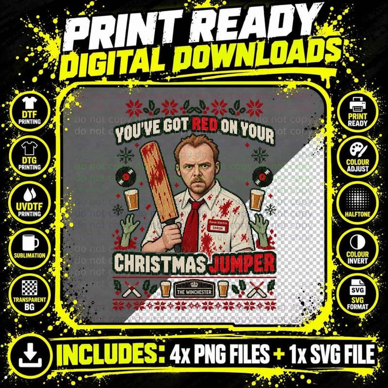 Shaun of the Dead Ugly Sweater Christmas Zombie Comedy Png SVG Digital Bundle