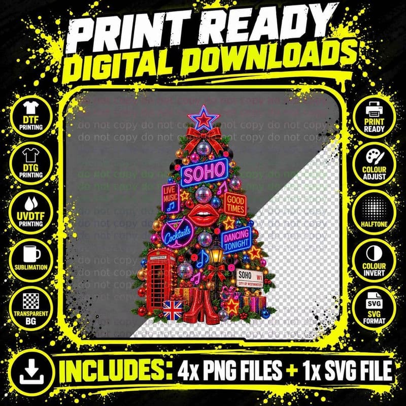 Christmas Tree Made Of Soho Neon Signs London Nightlife Disco T-Shirt Png SVG Digital Bundle