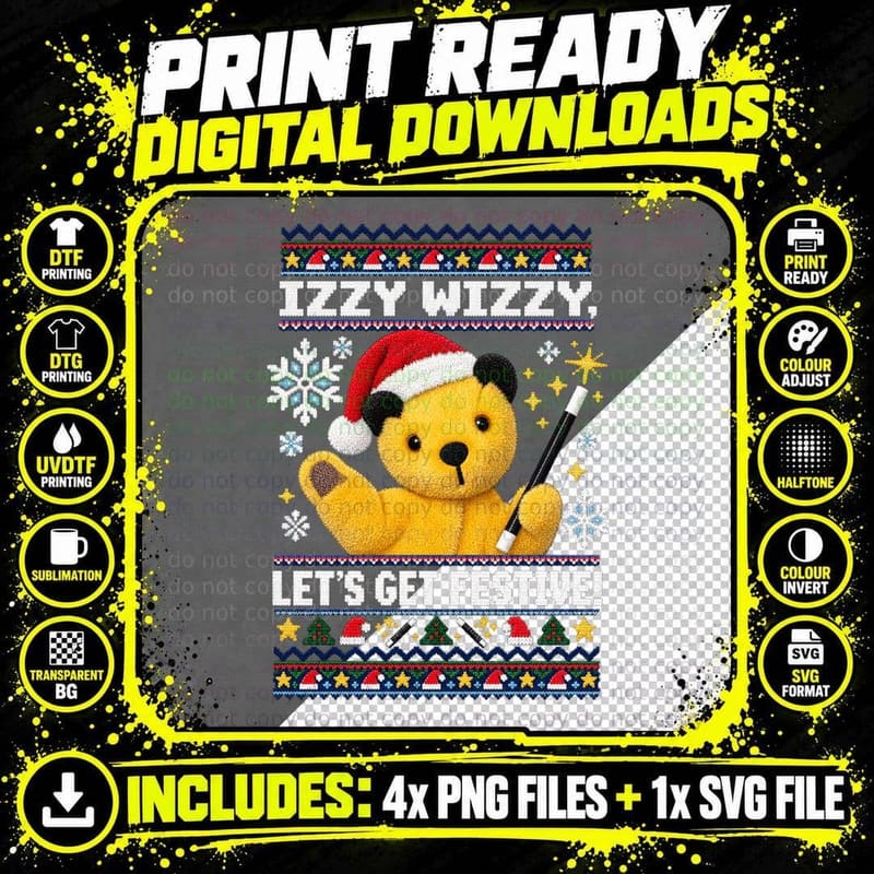 Izzy Wizzy Let's Get Festive Christmas Ugly Sweater Yellow Bear Puppet T-Shirt Png SVG Digital Bundle