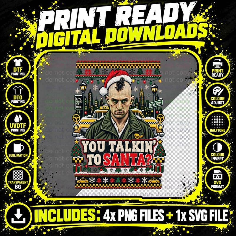 Travis You Talkin To Santa Christmas Ugly Sweater Mohawk 70s Cult Movie T-Shirt Png SVG Digital Bundle