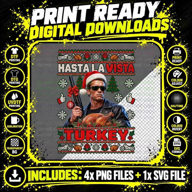 Terminator 2 1991 Ugly Sweater T-800 Hasta La Vista Png SVG Digital Bundle