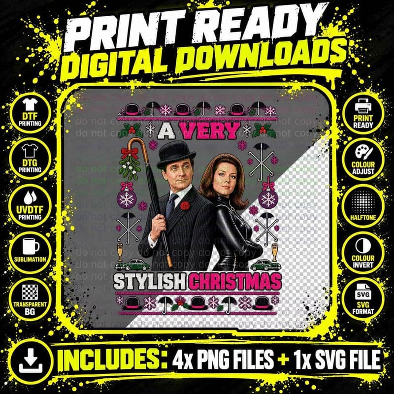 Steed and Emma A Very Stylish Christmas Ugly Sweater 60s British Spy TV T-Shirt Png SVG Digital Bundle