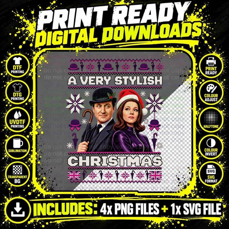 Steed and Emma Very Stylish Christmas Ugly Knit Jumper Mod Spy Catsuit T-Shirt Png SVG Digital Bundle