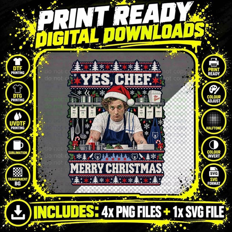 Carmy Yes Chef Merry Christmas Ugly Sweater Chicago Kitchen TV Drama T-Shirt Png SVG Digital Bundle