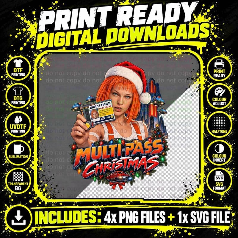 Leeloo Multi Pass Christmas Ugly Sweater 90s Sci Fi Movie Orange Hair T-Shirt Png SVG Digital Bundle