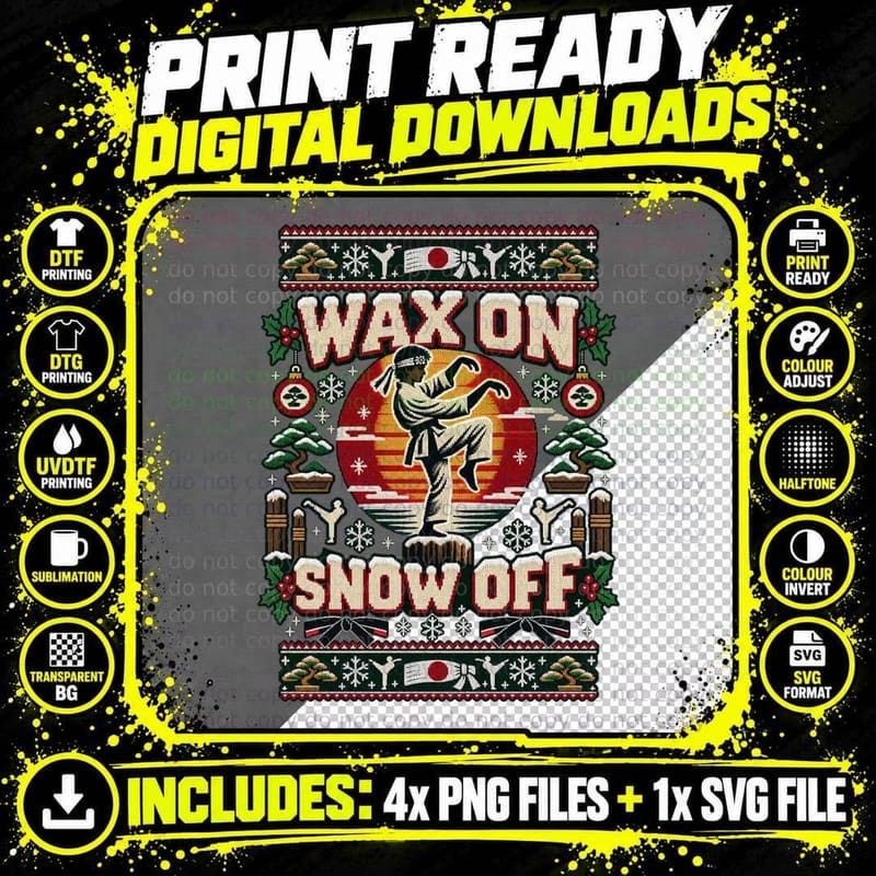 Daniel Wax On Snow Off Christmas Ugly Sweater 80s Karate Crane Kick T-Shirt Png SVG Digital Bundle