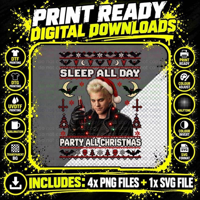 David Sleep All Day Party All Christmas Ugly Sweater 80s Vampire Movie T-Shirt Png SVG Digital Bundle