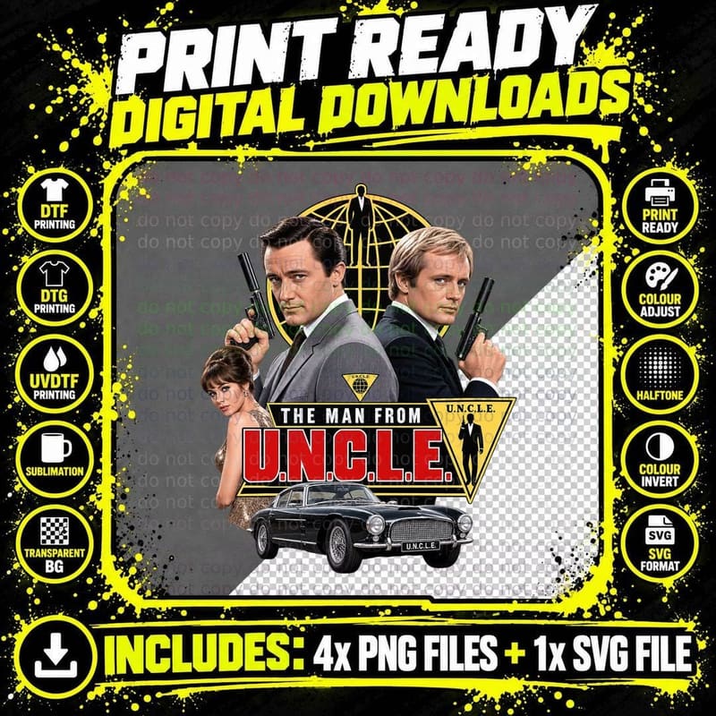 Napoleon and Illya 60s Spy TV Secret Agents Pistols Classic Car Retro T-Shirt Png SVG Digital Bundle