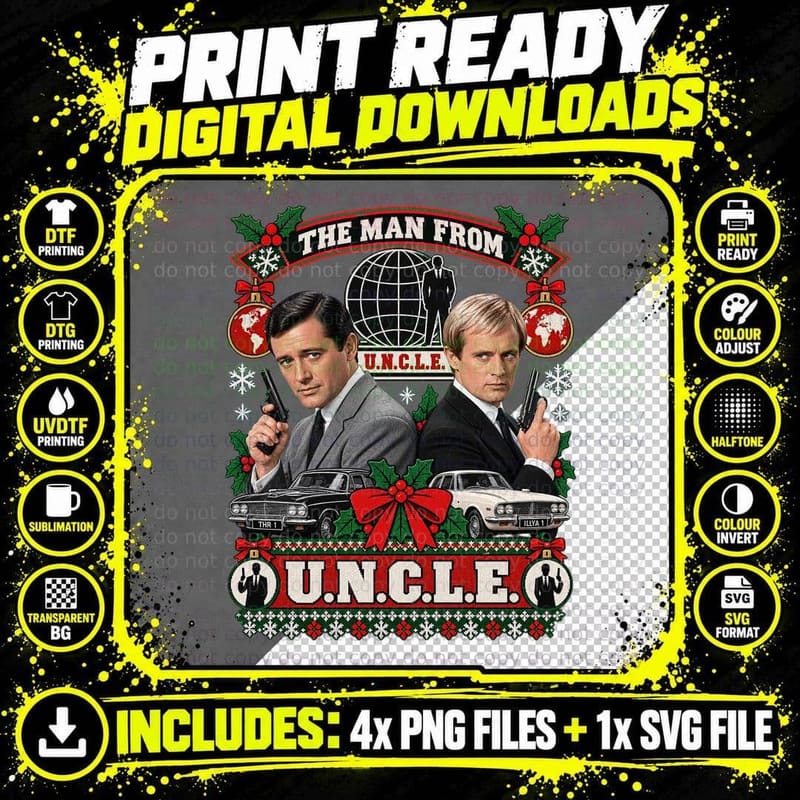 Napoleon and Illya Christmas Ugly Sweater 60s Secret Agent Spy TV Wreath T-Shirt Png SVG Digital Bundle