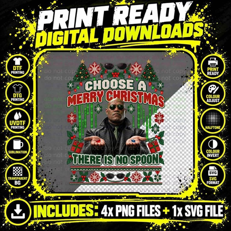 Morpheus Choose A Merry Christmas There Is No Spoon Ugly Sweater 90s T-Shirt Png SVG Digital Bundle