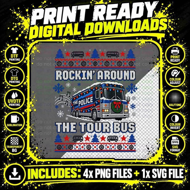 Rockin Around The Tour Bus Christmas Ugly Sweater 80s New Wave Band T-Shirt Png SVG Digital Bundle