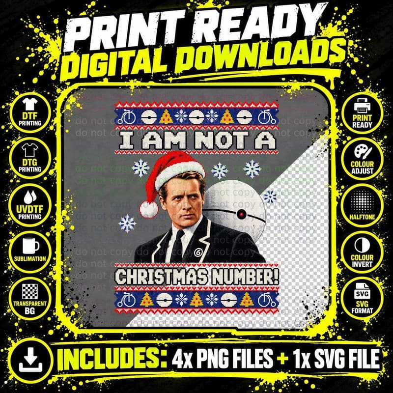 I Am Not A Christmas Number Santa Hat 60s Cult Sci Fi TV Penny Farthing T-Shirt Png SVG Digital Bundle