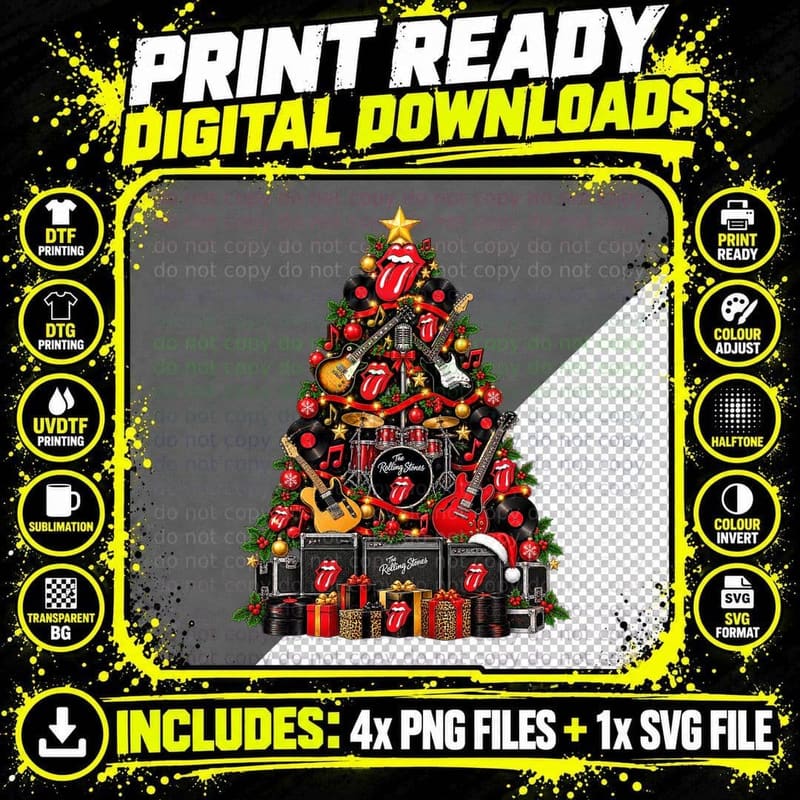 Electric Guitar Christmas Tree Amps Drums 60s British Rock Band Music T-Shirt Png SVG Digital Bundle