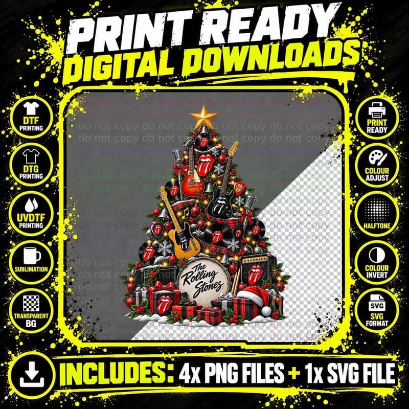 Gold Star Guitar Christmas Tree Vinyl Records 60s Rock Band Vintage T-Shirt Png SVG Digital Bundle