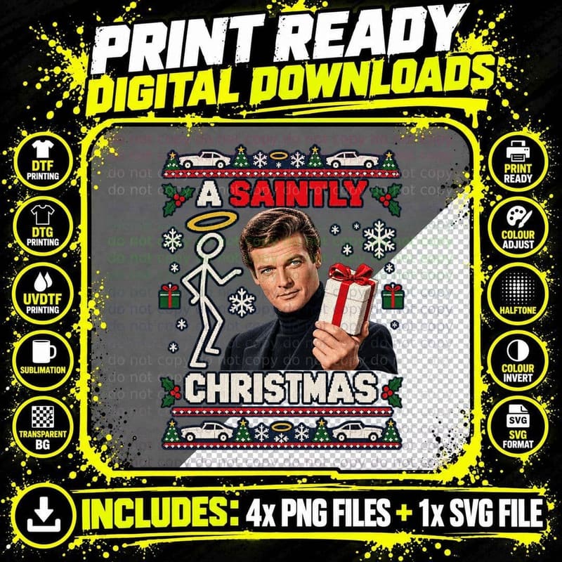A Saintly Christmas Templar Holding Present 60s Detective TV Retro T-Shirt Png SVG Digital Bundle